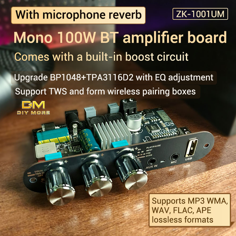 DIYMORE ZK-1001UM DC 9-24V Single Channel 100W BT Amplifier Board อัพเกรด BP1048 + TPA3116D2 ชิปเครื