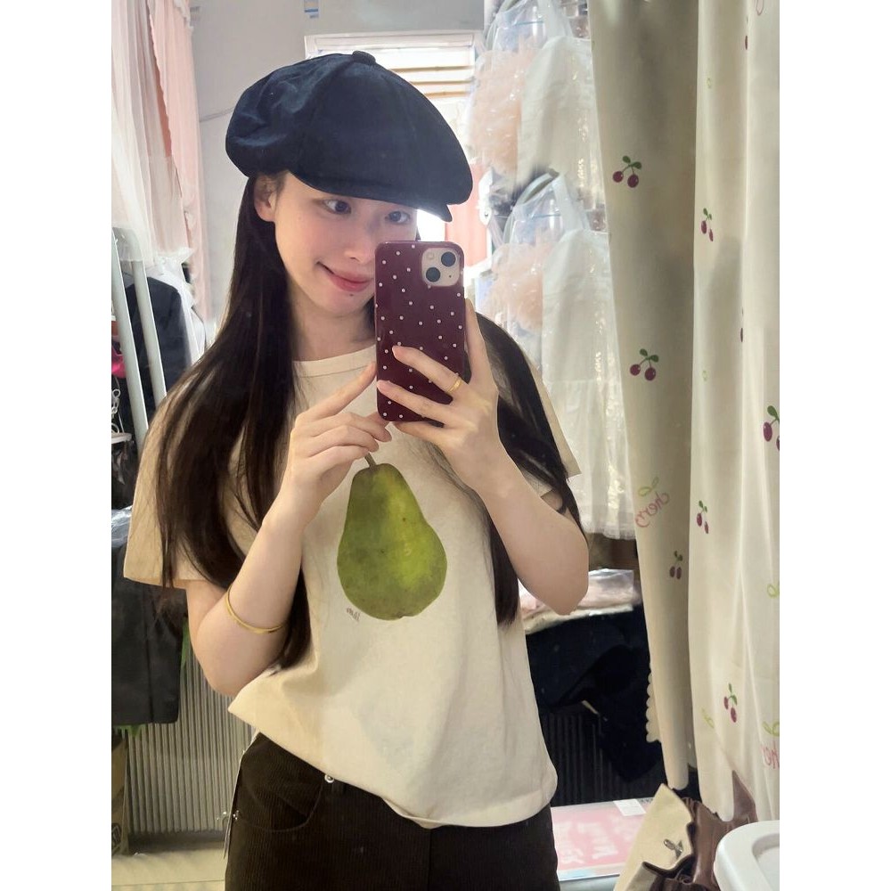 ผ้าต้นฉบับเกาหลี Simple Pear พิมพ์รอบคอแขนสั้นเสื้อยืดผู้หญิงฤดูร้อนสีขาว Slimmer ดู All-Match Top N