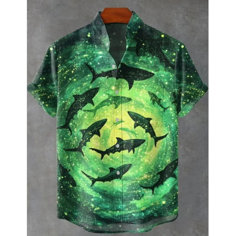เสื้อลายปลาวินเทจสำหรับผู้ชาย ทำจากผ้าลินิน สบายเมื่อสวมใส่ แขนสั้นมีกระดุม