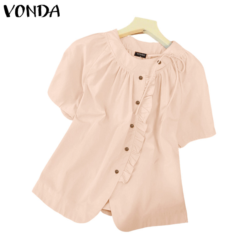 VONDA เสื้อแฟชั่นเกาหลีสำหรับผู้หญิง ออกแบบมาพร้อมโบว์และเทคนิคการเชื่อมเนื้อผ้า พอดีสวมใส่ในฤดูร้อน
