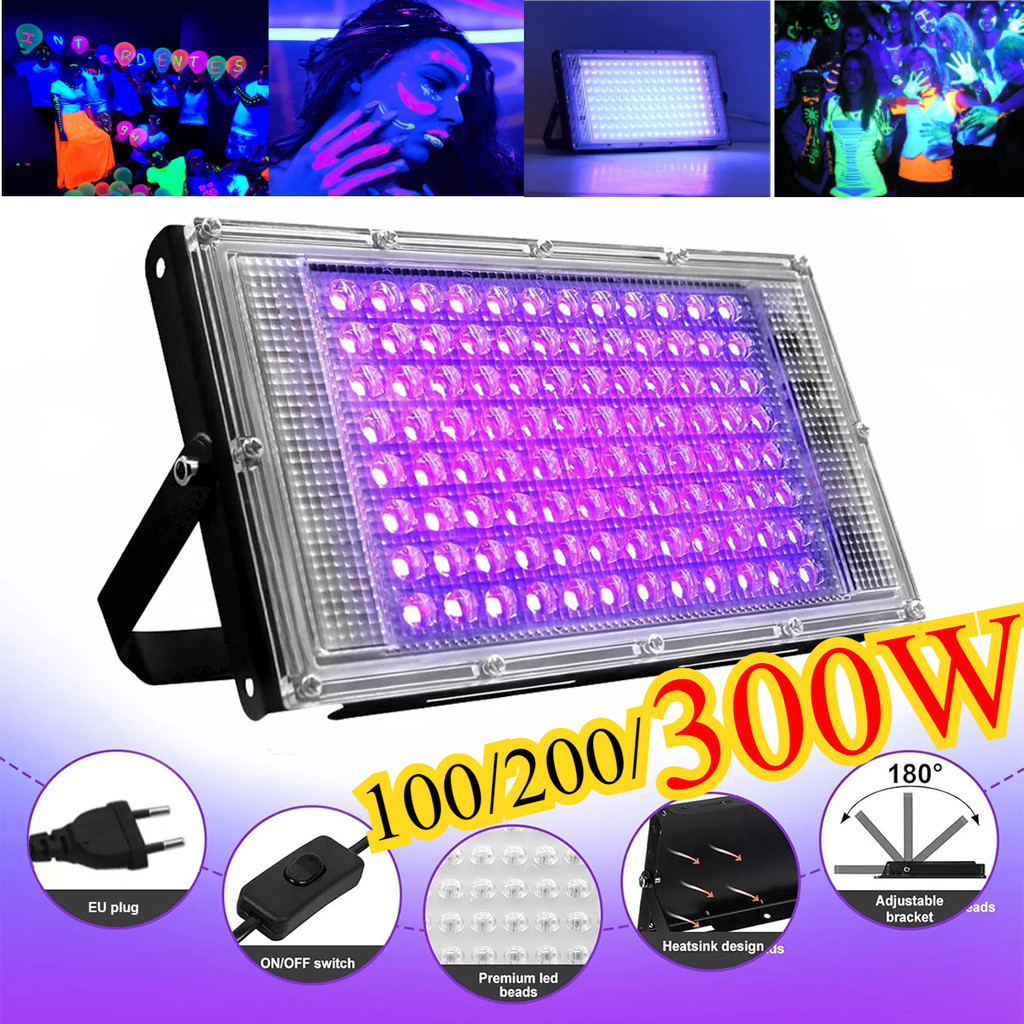 300W LED UV โคมไฟน้ําท่วม 395nm 400nm อัลตราไวโอเลต UV LED Stage Blacklight 200W กันน้ํา 220V กันน้ํา Disco Party โคมไฟ 50W 100W Disco Party Stage Backlight