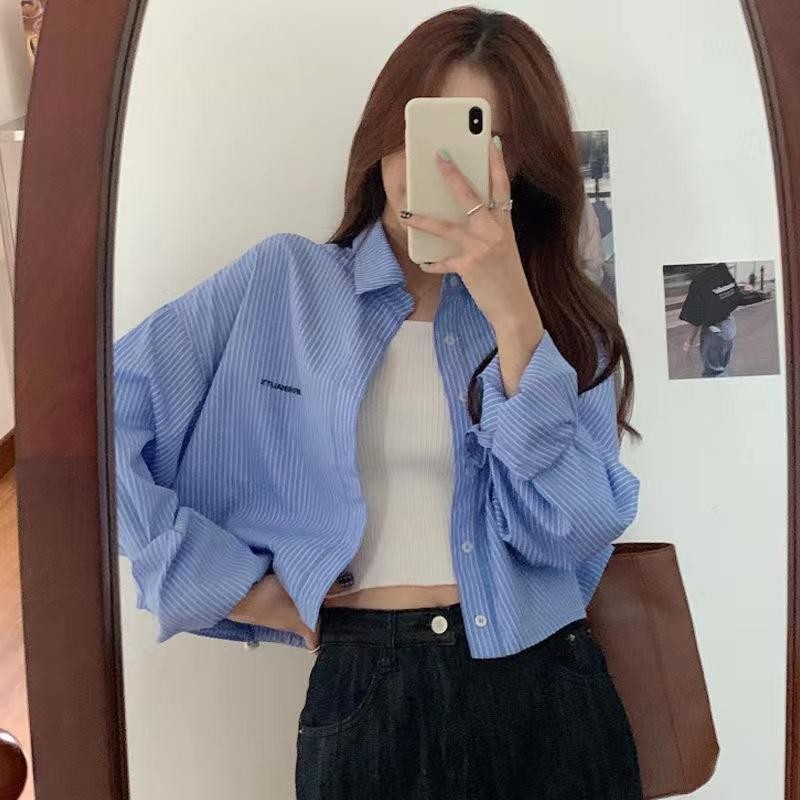 Lune_Graceเสื้อเชิ้ตแขนยาวลายทาง งานปัก ผ้าดีใส่สบาย สไตล์เกาหลี สวยเท่-พร้อมส่งจากไทย-รุ่นw521