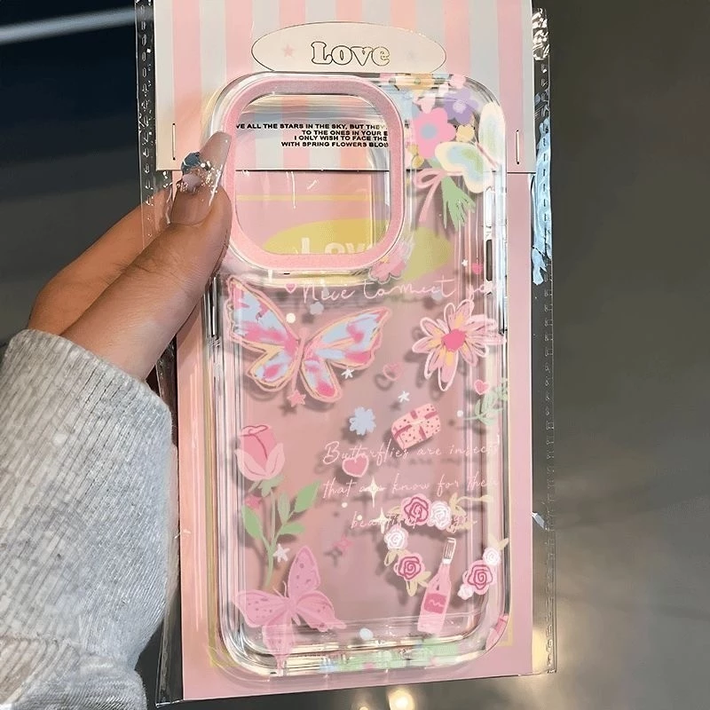 🔥GOOD🔥สีไล่ระดับสีผีเสื้อชมพูตัวเรือนคันธนูใช้งานร่วมกับ For IPhone 16 15 11 13 12 14 Pro Max 15 PLUS 7 8 16Plus X XR XS