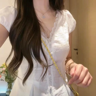 Chili Koko เสื้อเชิ้ตลูกไม้สีขาว คอวี ลูกไม้บริสุทธิ์ สำหรับผู้หญิง ดีไซน์เฉพาะ เหมาะสำหรับชุดต้นฤดูร้อน W631
