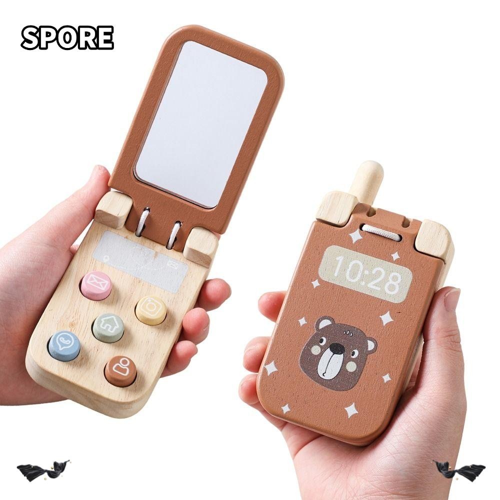 SPORE Baby Montessori Toy, Bear Wooden Phone Toy, Fingers Press Cartoon Flip Sensory Toys