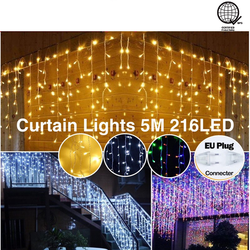 กันน้ํา 8 โหมด Fairy Curtain String Light 220 V/Solar Lampu Raya Icicle ผ้าม่านไฟ LED คริสต์มาสไฟวันหยุดชายคาตกแต่ง with16Drops สําหรับ Garden