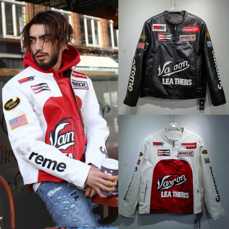 Motorcycle racing leather jacket, cycling retro embroidered leather jacket, street trend F1 racing s