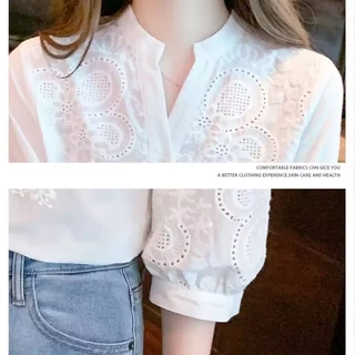 เสื้อเชิ้ตสีทึบผู้หญิง แขนสามส่วน ลายปัก Hollow ทำจากผ้าฝ้ายแท้ สไตล์ย้อนยุค
