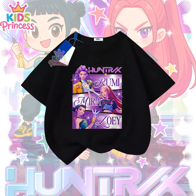 เสื้อยืดสำหรับเด็กและวัยรุ่น Kpop Demon Hunters ทำจากผ้าฝ้าย แขนสั้น สไตล์ Huntrix Boys เสื้อยืดสีดำ 90-150 N62