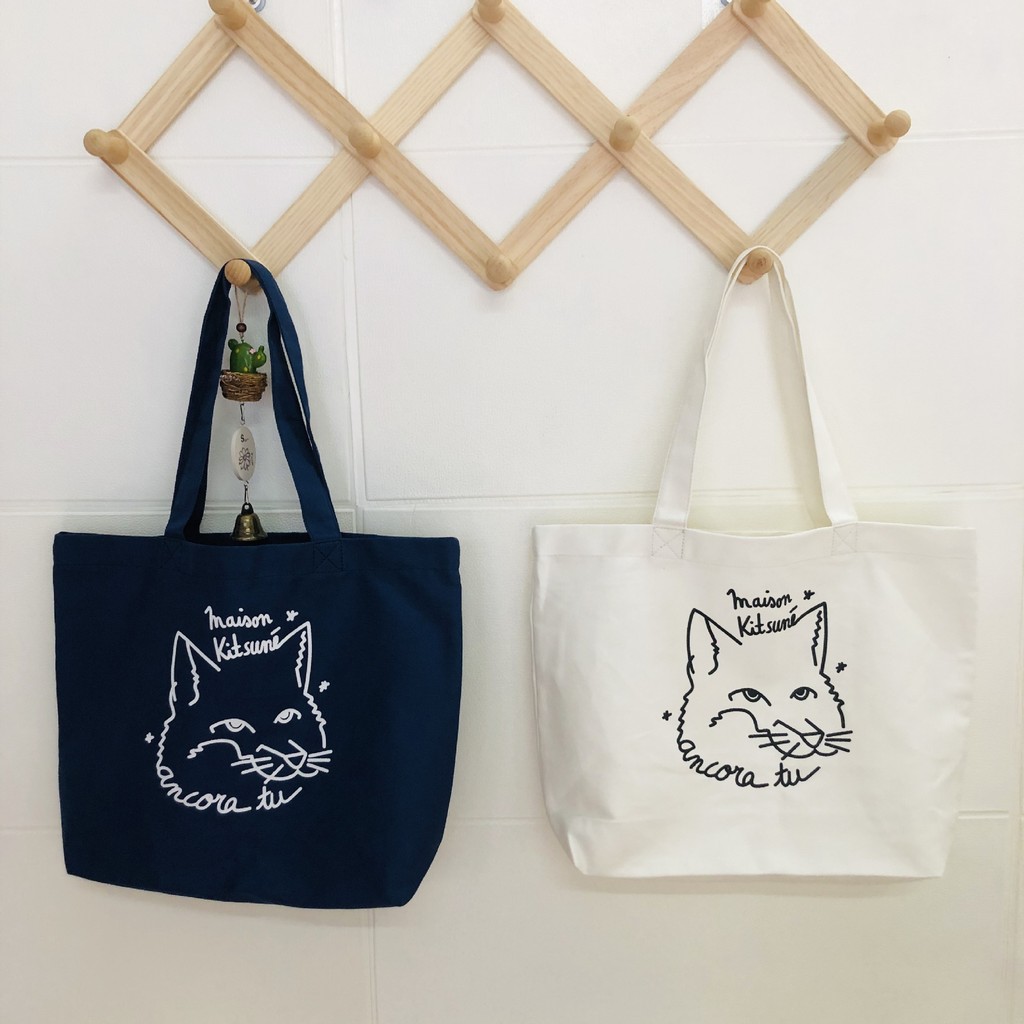 Maison Kitsune Japanese White Canvas Bag Fox Shoulder Bag Tote Bag Casual Fashion Female Bag