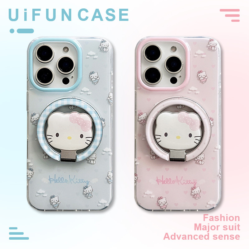 น่ารัก Clouds Hello Kitty ที่วางแม่เหล็กแบบพับได้ขาตั้งโทรศัพท์มือถือสําหรับ iPhone 17 16 15 14 13 Pro Max 17Promax ป้องกันฝุ่น IMD Hard PC ปลอกมือถือ
