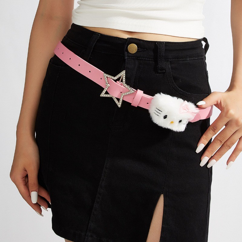 เข็มขัดหนังแฟชั่นดีไซน์ Y2K ลายการ์ตูน KT แมว ประดับเพชรเทียมรูปดาว สําหรับผู้หญิง