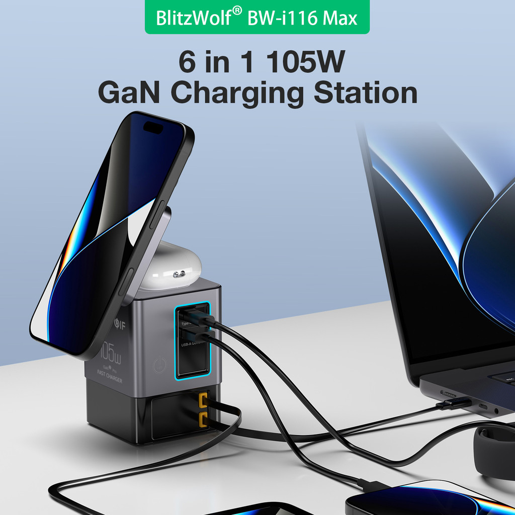 [GaN Tech]Blitzwolf i116 Max 105W 6-in-1 Power Combo Desktop Charger Station พร้อมสาย Type-C กล้องส่องทางไกลคู่ในตัว + USB-A+USB-C + เครื่องชาร์จไร้สาย 2-in-1 สําหรับโทรศัพท์สมาร์ท