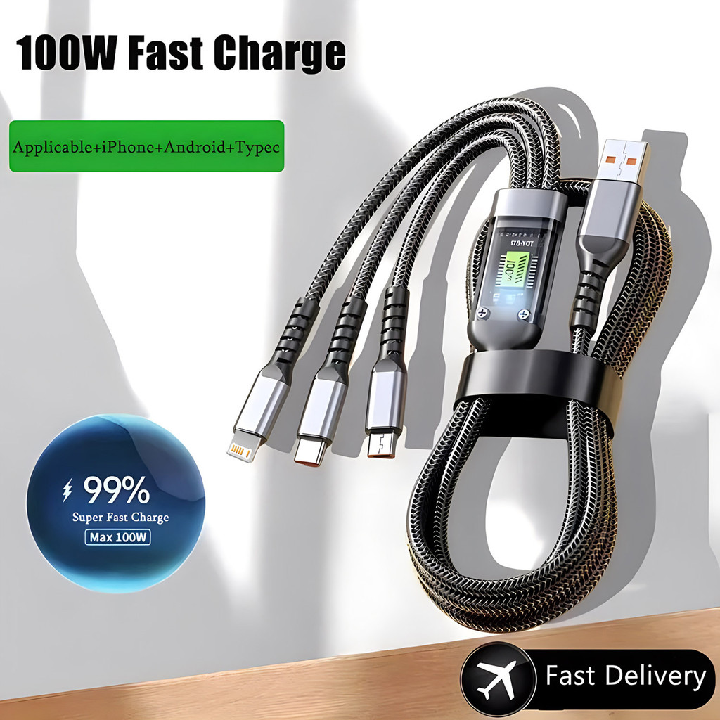100W Fast สายชาร์จ Multi Charger CABLE ไนลอนถักหลาย USB Universal 3 in 1 สายชาร์จอะแดปเตอร์ Type-C Micro
