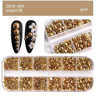 [maybeauty] 12Grids ผสมมุกครึ่งวงกลมทองและเงินเล็บ Charms ตกแต่งเล็บอุปกรณ์ร้านทําเล็บ {TH}