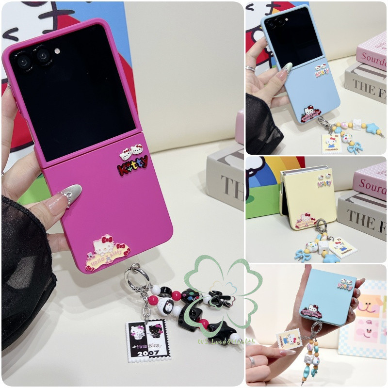 แมวน่ารักผิวรู้สึกเคสโทรศัพท์แข็งสําหรับ Samsung Galaxy Z Flip 7 Z Flip 6 7FE Z Flip 5/4/3 Matte Cover พร้อมจี้ลูกปัด