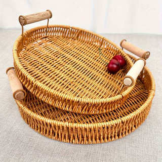 Handwoven Rattan Basket Fruit Bread Storage Tray Round Shape Wicker Food Plate With Handle For Picnic