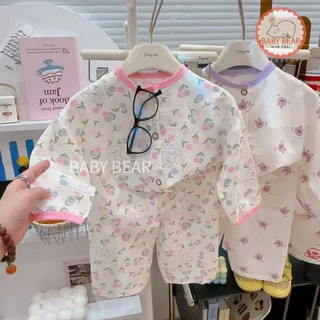 ชุดนอนเด็ก เสื้อแขนยาวกางเกงขายาว ชุดลำลองเด็ก กระดุมหน้า ผ้าบางเบา ใส่สบาย Size 80-120 cm