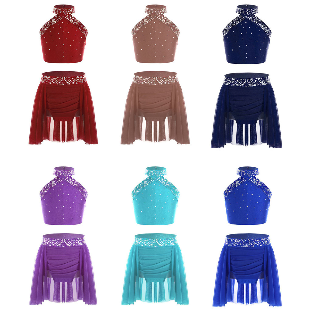 Winnrchan 6-16 เด็กสาวโมเดิร์นชุดเต้นรํา Sparkly Rhinestones รูปสเก็ตเครื่องแต่งกาย Halter คอเสื้อกั๊กแขนกุด Ruched กระโปรงไม่สม่ําเสมอ
