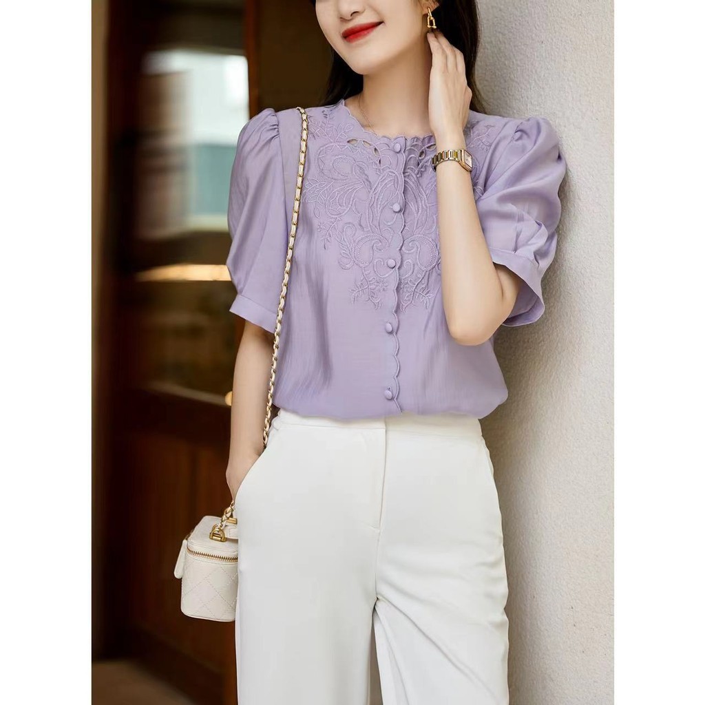 10 @ เพียงขวา Charming ตําแหน่งปักลูกไม้รอบคอ Lyocell เสื้อผู้หญิงฤดูร้อน MLCY60336 J1K2