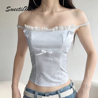 SweeticMe แฟชั่นใหม่ของผู้หญิงลูกไม้สลิมฟิตโบว์สายลายหวานเสื้อกล้ามสายเดี่ยว