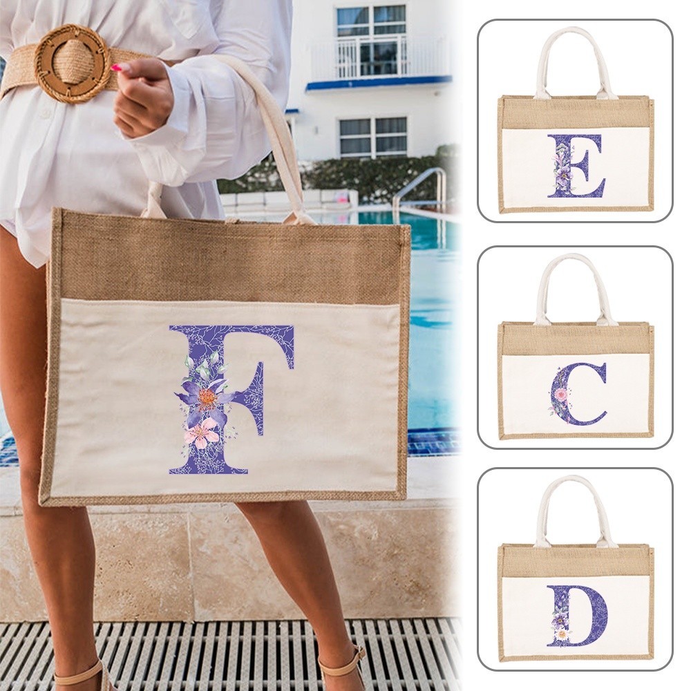 Jute Bag กระเป๋าโท้ทปอกระเจาผู้หญิงผ้าลินินแข็งกระเป๋าสะพายฤดูใบไม้ร่วงพร็อพพิมพ์ตัวอักษรดอกไม้สีม่วงชุดความจุขนาดใหญ่