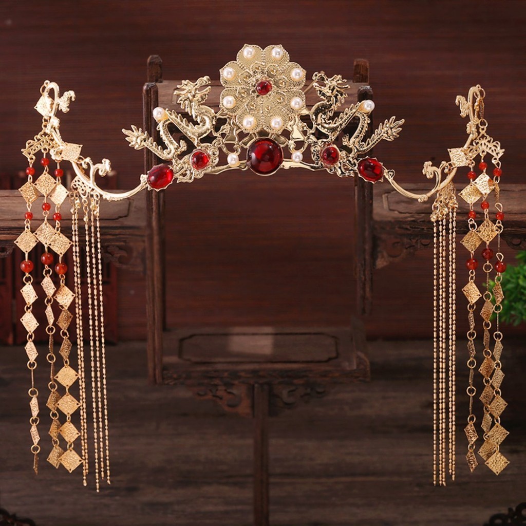 เครื่องประดับผม สไตล์โบราณ Hanfu Headdress Golden Ming Made Hair Crown อุปกรณ์เสริมผมสไตล์จีนพู่ Top Hairpin เครื่องแต่งกายโบราณอุปกรณ์เสริม