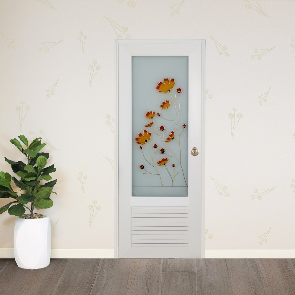 Changdee ประตู ECO WELLINGTAN ประตู UPVC พร้อมวงกบ กระจกเพ้นท์ลายดอกไม้ รุ่น U-18 70x180 ซม. (ไม่เจา