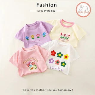 เสื้อยืดมินมอลเด็กผู้หญิง เสื้อยืดเด็กแขนสั้น พิมพ์ลายดอกไม้ Size90-120 cm