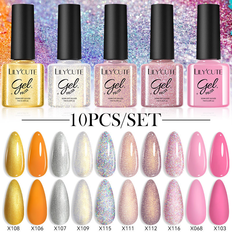 Lilycute เจลเล็บชุด 10 สี Glitter เจลชุดเล็บเล็บเล็บ LED UV เจลเล็บวานิช 7ml