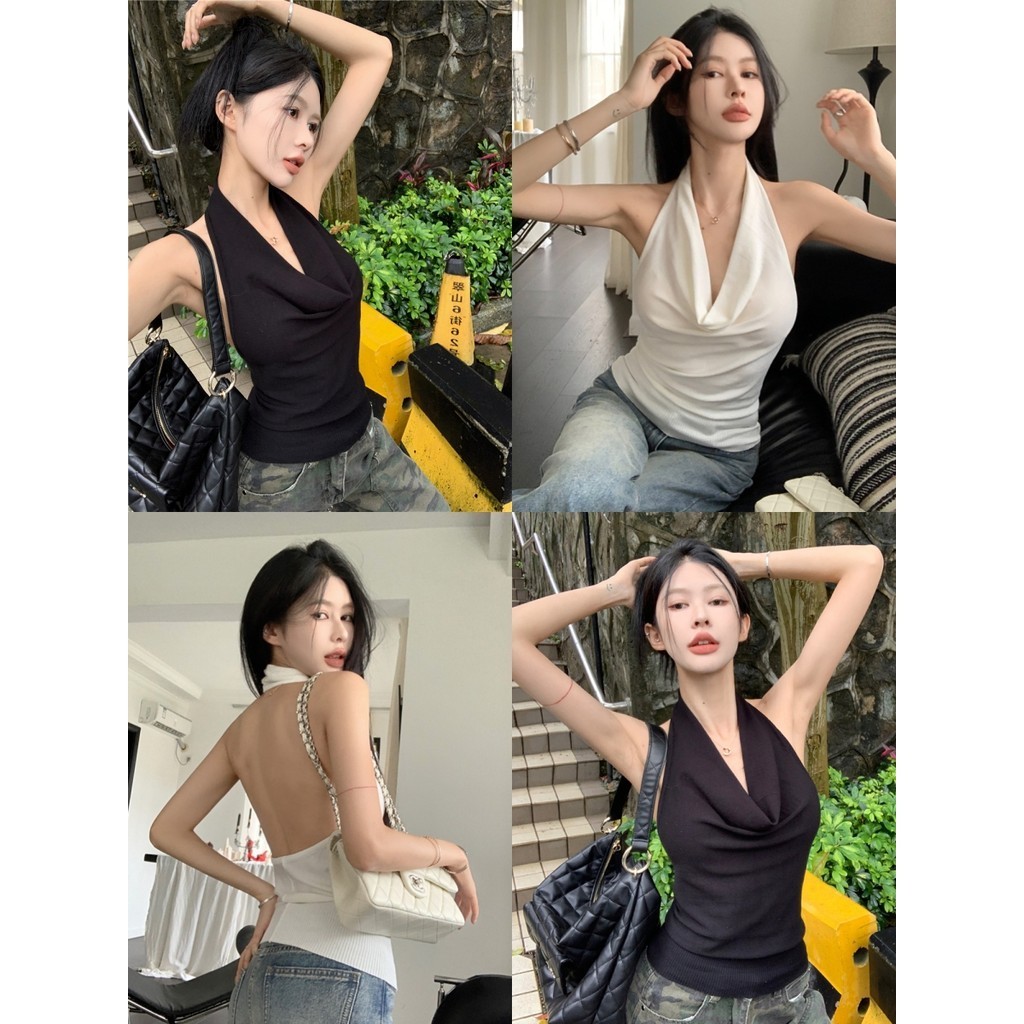 🧡Bonnie🧡เสื้อกล้าม เซ็กซี่ คล้องคอ เปิดหลัง สีพื้น เสื้อแขนกุด ผู้หญิง สไตล์เกาหลี ผ้าเรย่อน ใส่สบาย #8K131