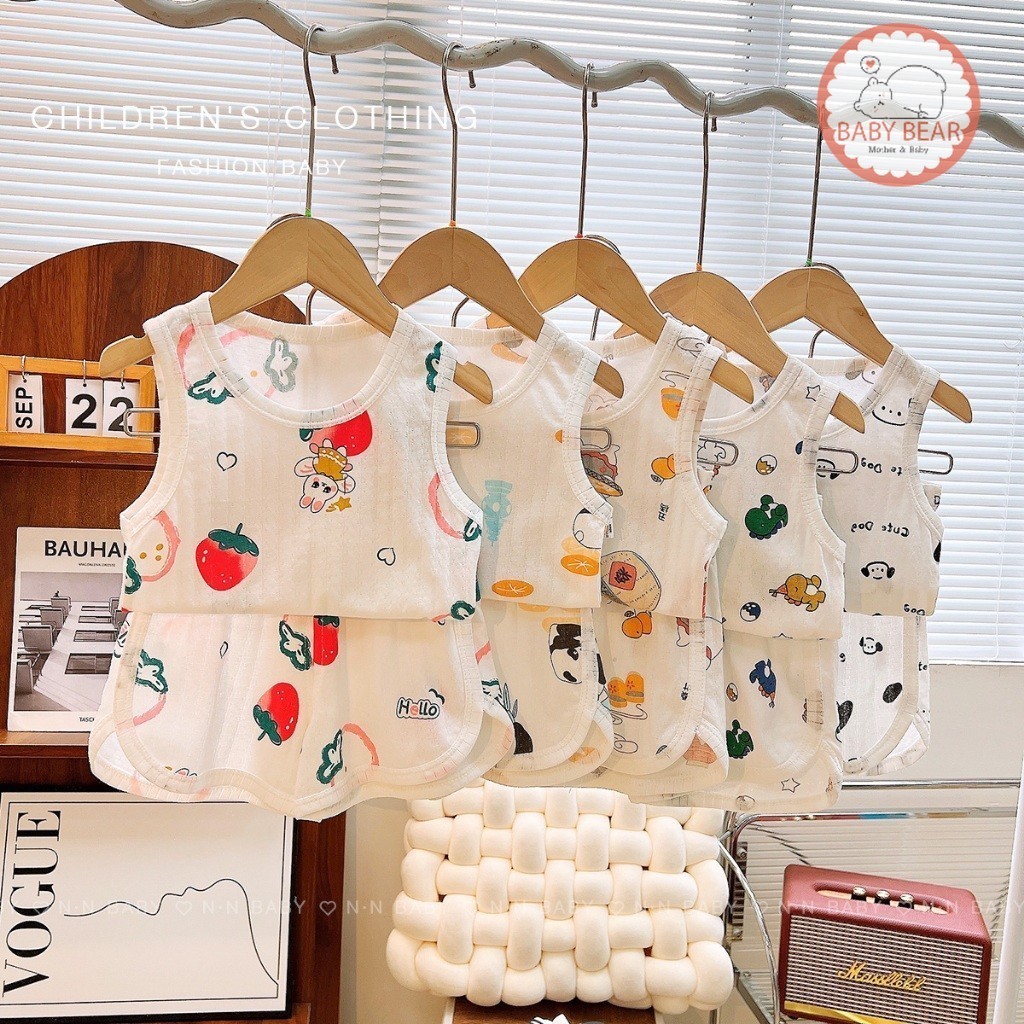 เสื้อกร้ามผ้าใยไผ่  ชุดเด็ก เสื้อกร้าม+กางเกงขาสั้น พิมพ์ลายน่ารักๆ Size 80-110 cm