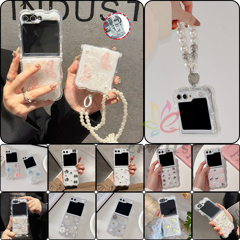 Bling Glitter Shiny Sparkle เลื่อมดาวซิลิโคนอ่อนนุ่มเคสโทรศัพท์ Samsung Z Flip 6 Flip 5 Flip 4 Curly Wave กรอบกรณีลูกปัดสร้อยข้อมือกันกระแทก 3D เพชรฝาครอบ flip3