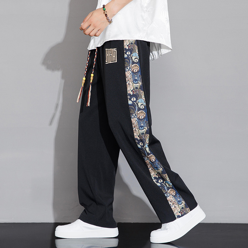 กางเกงประกบปักลายหมีหลวมตรงฤดูร้อนของผู้ชาย