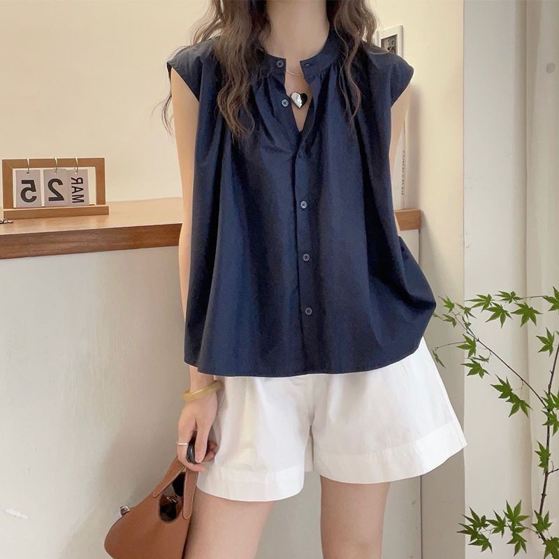 Amber~เสื้อเชิ้ต แขนกุด สีทึบ สไตล์แฟชั่นที่เรียบง่าย เวอร์ชั่นเกาหลี
