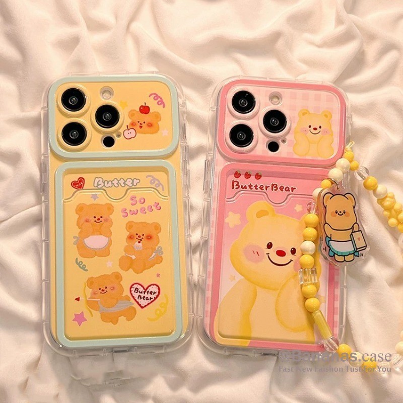 Iphone 15 14 13 12 11 Pro Max X Xr Xs Max 7 8 Plus SE2020 เคสโทรศัพท์น่ารักหมีสีเหลืองการ์ดใส + Lanyard ฝาครอบโทรศัพท์แบบนุ่ม