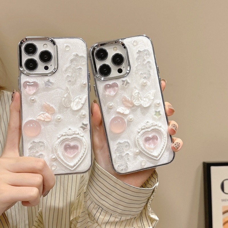 3d สีชมพู Love กรอบรูป Dropping กาว Hard Case สําหรับ iPhone 11 12 13 14 15 Pro Max สีขาว anti fall ฝาครอบปลอก