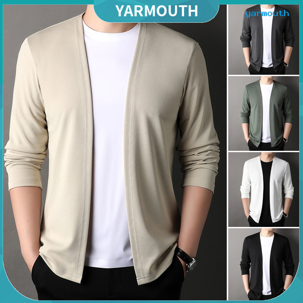 ใช่-ผู้ชายสลิมฟิตสีทึบเสื้อกันหนาวเสื้อเปิดด้านหน้าบางชายสบายๆถักคาร์ดิแกนสําหรับฤดูใบไม้ผลิและฤดูใบไม้ร่วง