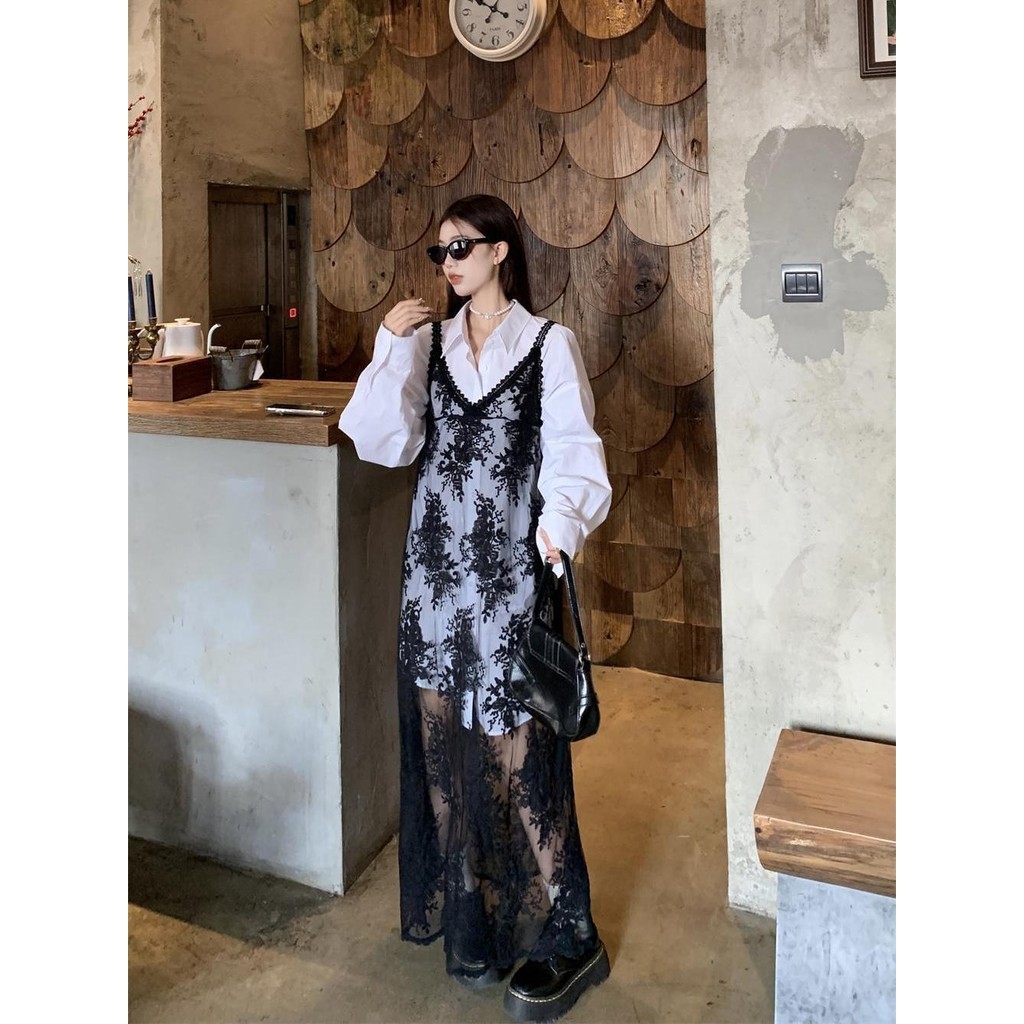 ขายร้อน! F & X กระโปรงยาวพิเศษไซส์ใหญ่พิเศษ300กก. ชุดเดรสสายเดี่ยวลูกไม้ปักลายสำหรับผู้หญิงกระโปรงยาวสีดำซ้อนกัน INS