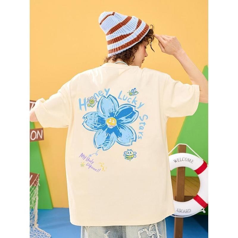 เกาหลี เสื้อแบบดารา เสื้อยืดแขนสั้น CMDXY1061 ผู้ชาย ผู้หญิง ลายทาง ตัวอักษร หลวม ลายสกรีน ฤดูร้อน ฤดูใบไม้ผลิ