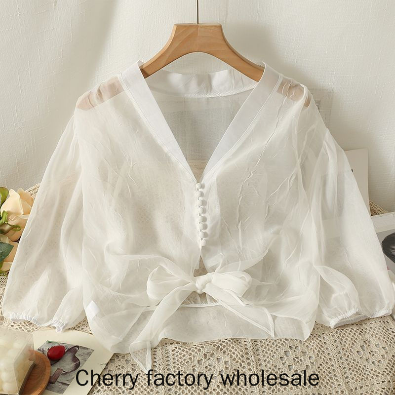 ใหม่แฟชั่นผู้หญิงเสื้อแขนพัฟบางลูกไม้ขึ้นครีมกันแดดชีฟองด้านบนสุภาพสตรีเสื้อผ้าสบายๆ - รูปที่ 2