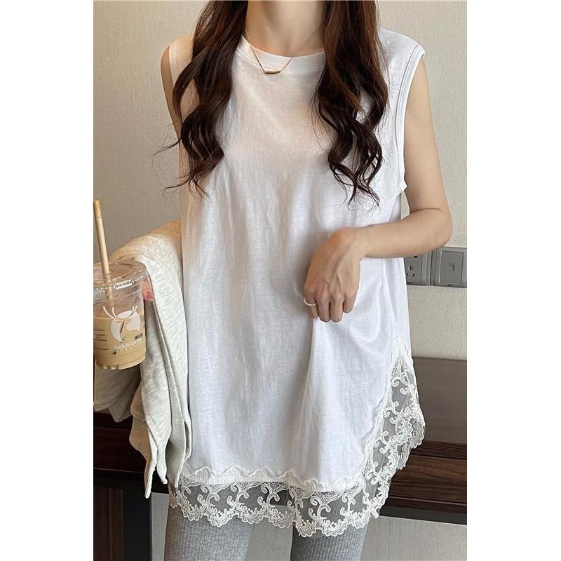 ขายร้อน! F & X เสื้อกล้ามลูกไม้300กก. เสื้อกล้ามสาวอวบใส่ด้านในกุ๊นเย็บลูกไม้ชุดฤดูร้อนเสื้อยืดแขนกุดทรงหลวมความยาวปานกลางสำหรับผู้หญิงสไตล์บัลเล่ต์ซ้อนกัน