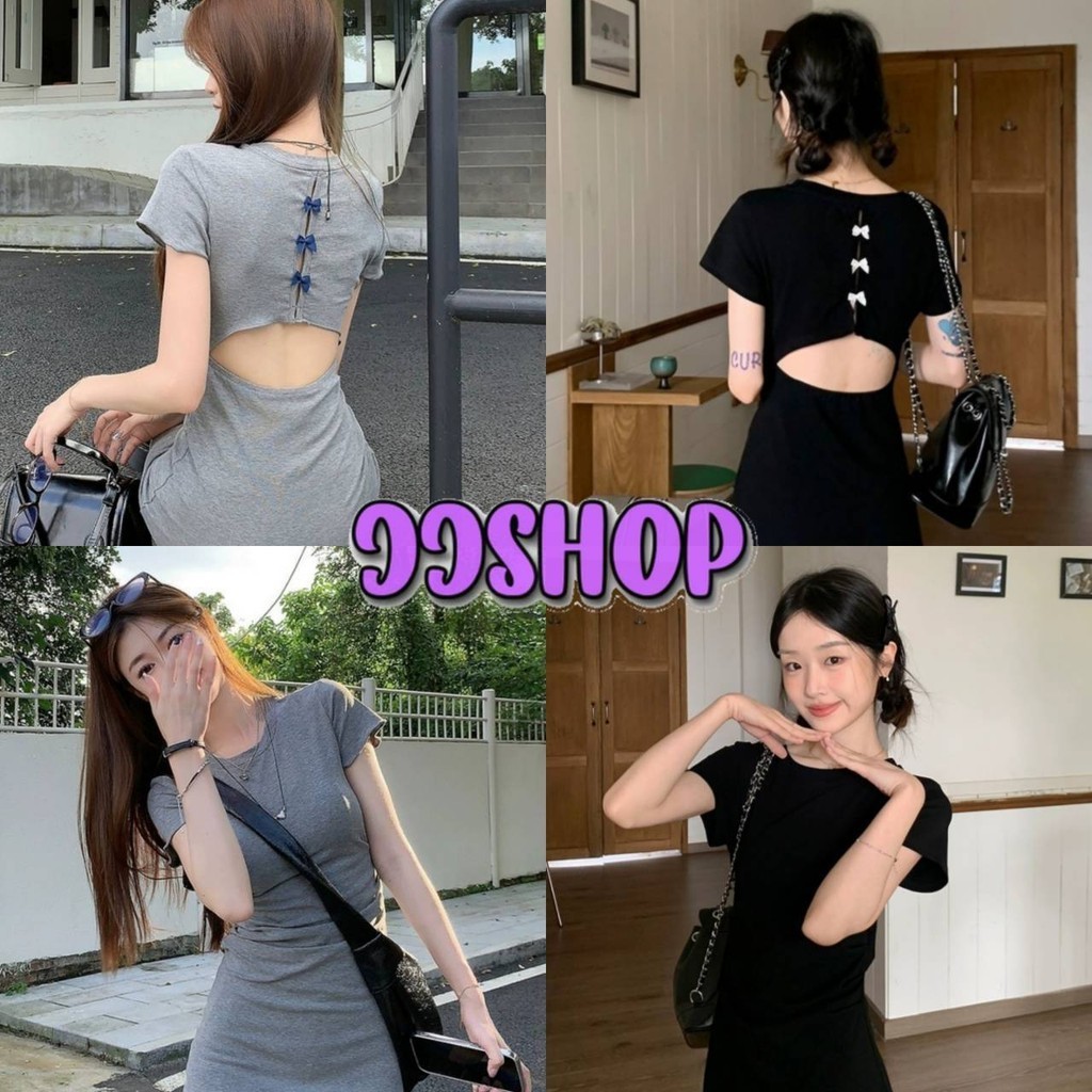JJ Shop​ ​พร้อมส่ง ชุดมินิไหมพรม คอกลมแขนสั้น ดีเทลติดโบว์ สไตล์เรียบๆ เว้าหลัง "19199"