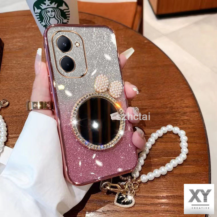 เคส Vivo Y03/Y18/Y100 5G/Y27S/Y20/Y12S/Y21S/Y33S/Y33T/T1X/Y31/Y51/Y53S/Y3 แวววาว เปลือก ล้างเปลือกหอยมุกโบว์กระจกแต่งหน้า พร้อมสร้อยข้อมือสําหรับเด็กผู้หญิง