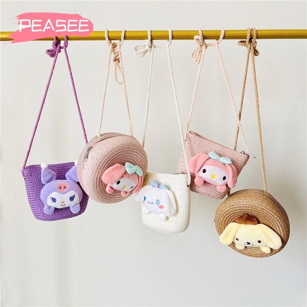 [PEASEE] กระเป๋าสะพายไหล่ขนาดเล็ก กระเป๋าถือฟางแมวคิตตี้ กระเป๋าน่ารัก สาวน้อย