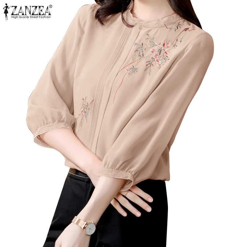 ZANZEA ซานเซีย ผู้หญิงแฟชั่นเกาหลีคอลูกเรือ3/4แขนดอกไม้เย็บปักถักร้อยปุ่มเสื้อ