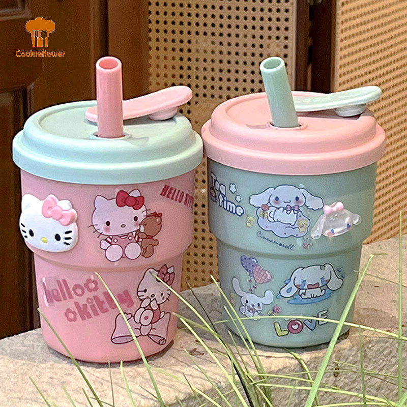 Ckfr น่ารัก Hello Kitty ถ้วยฟาง 420ML ถ้วยกาแฟพลาสติกความจุขนาดใหญ่แฟชั่นการ์ตูน Sanrio ขวดน้ําของขวัญวันเกิดสําหรับเพื่อนใหม่