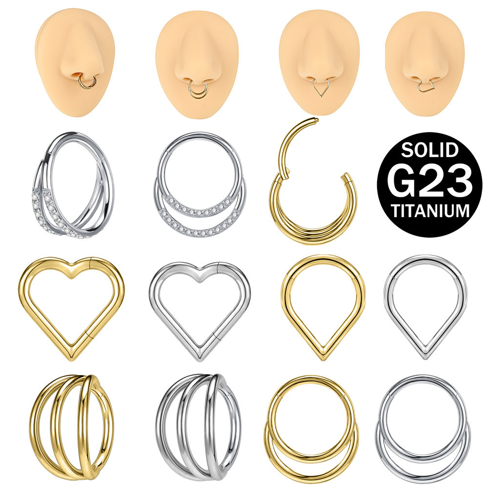 1 ชิ้น G23 แหวนจมูกไทเทเนียมคริสตัล Septum แหวน 16G เจาะจมูก Gold Septum Piercing Silver Nose Clicke