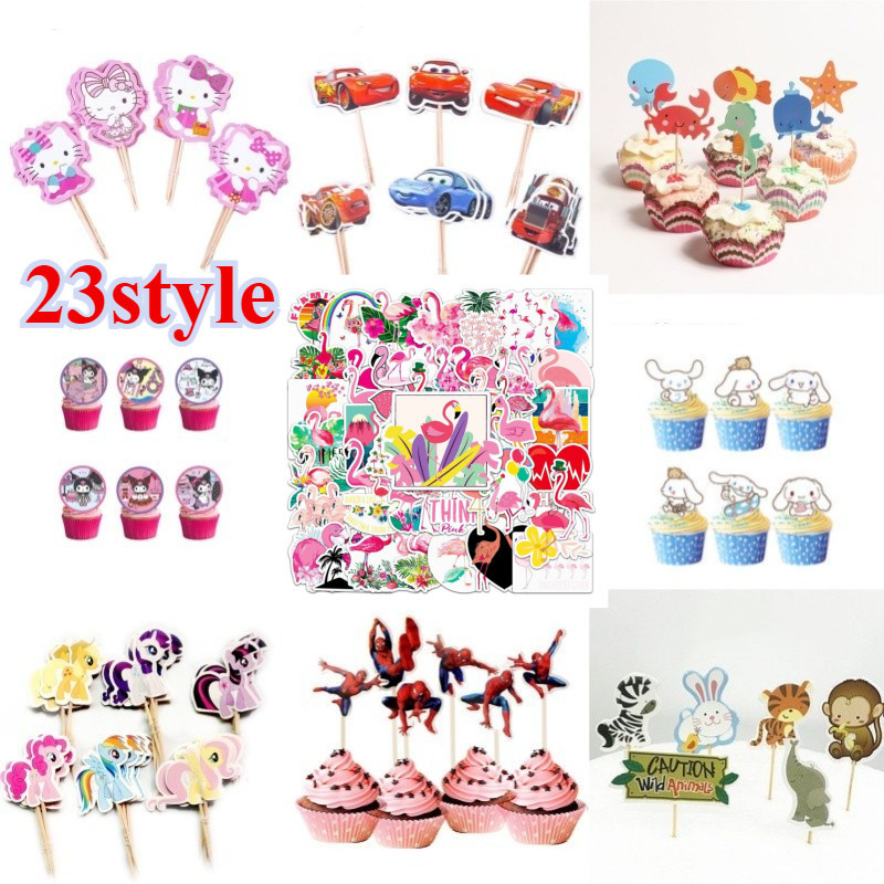 24ชิ้น/เซ็ตการ์ตูนน่ารักฟลามิงโกสัตว์โดราเอมอนสไปเดอร์แมนเคทีแมวเจ้าหญิงลายเด็กเค้กวันเกิดด้านบนตกแต่งธีมพรรคตกแต่งเค้ก