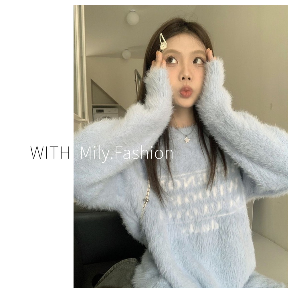 Milyfashion เสื้อกันหนาวผู้หญิงฤดูใบไม้ร่วงและฤดูหนาวเลียนแบบขนมิงค์หนาหลวมตัวอักษรเสื้อถักแขนยาว